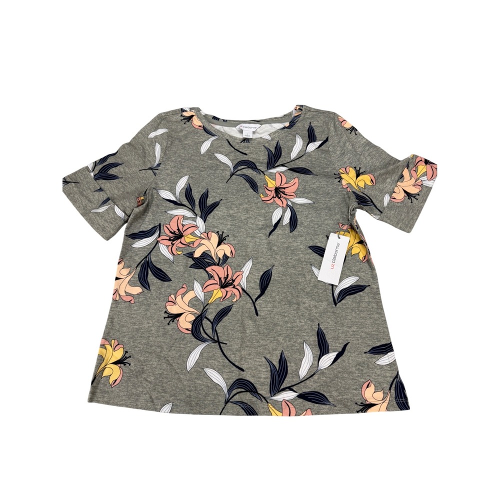 Liz Claiborneβ Womens Large Grey Heather Floral Lily Short Sleeve Top MSRP $32